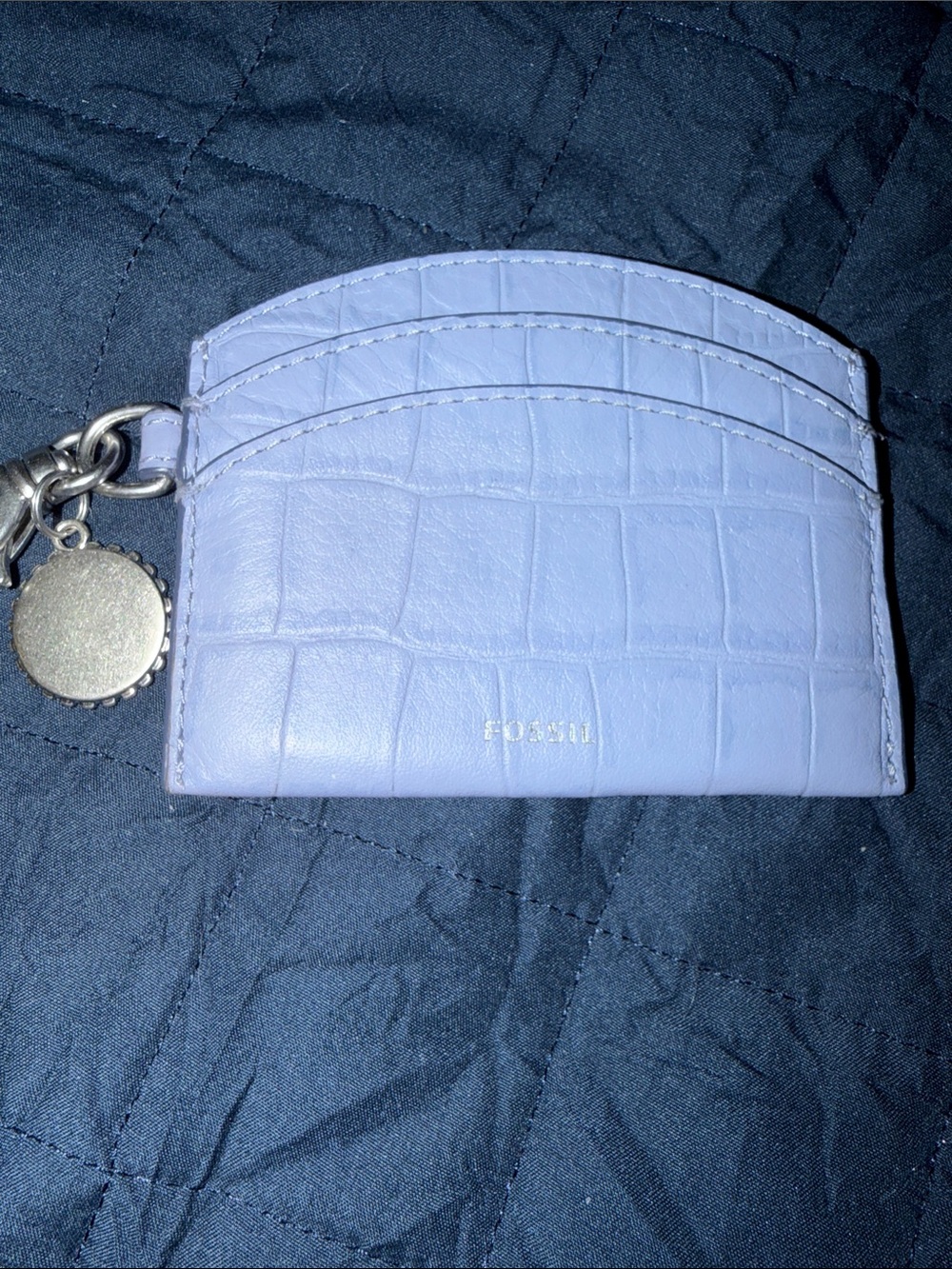 Fossil Light Blue Croc-Embossed Card Holder with Charm